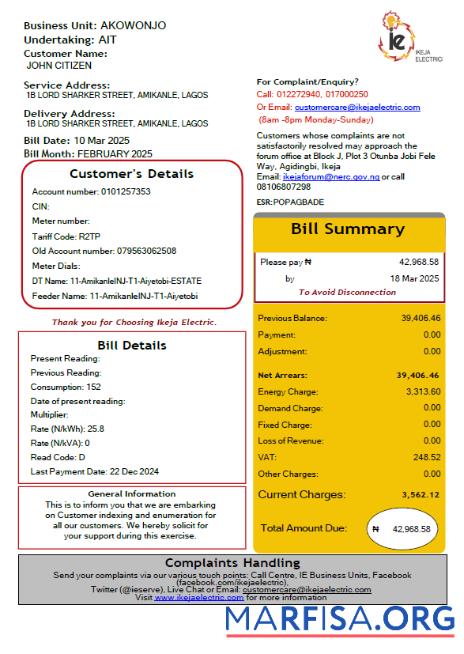 Printable Nigeria IKEJA Electric utility bill template in Word and PDF formats